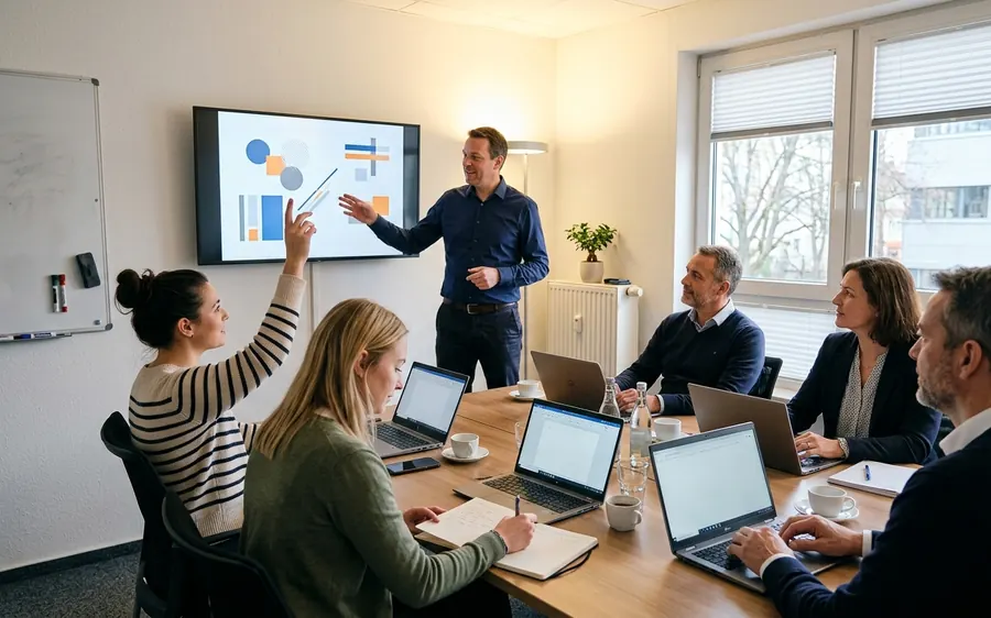 Trainer erklärt einem Team im Besprechungsraum die neue Arbeitsumgebung